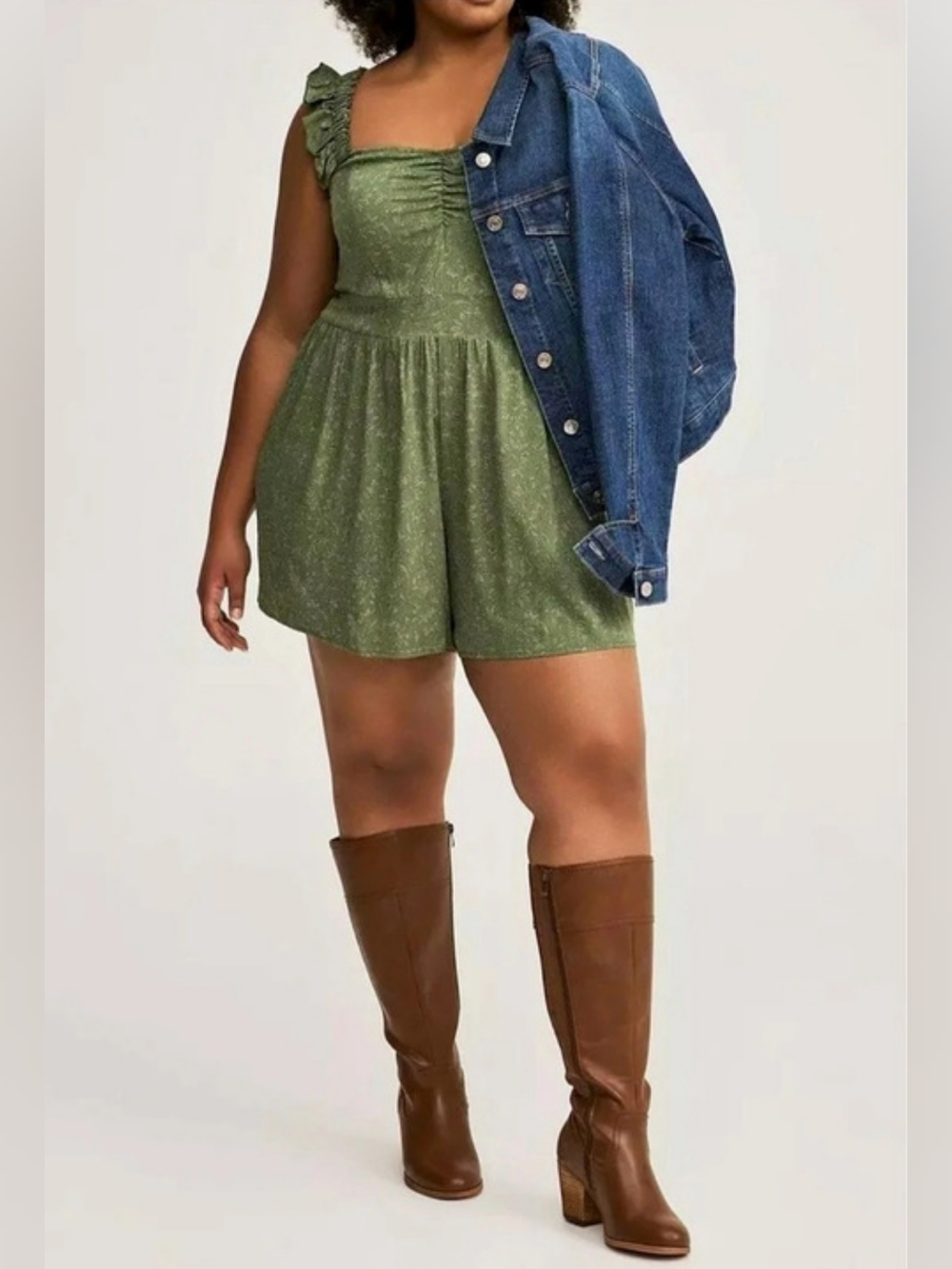 Torrid 0 Ruffled Straps Layered Romper Floral Green 4126-